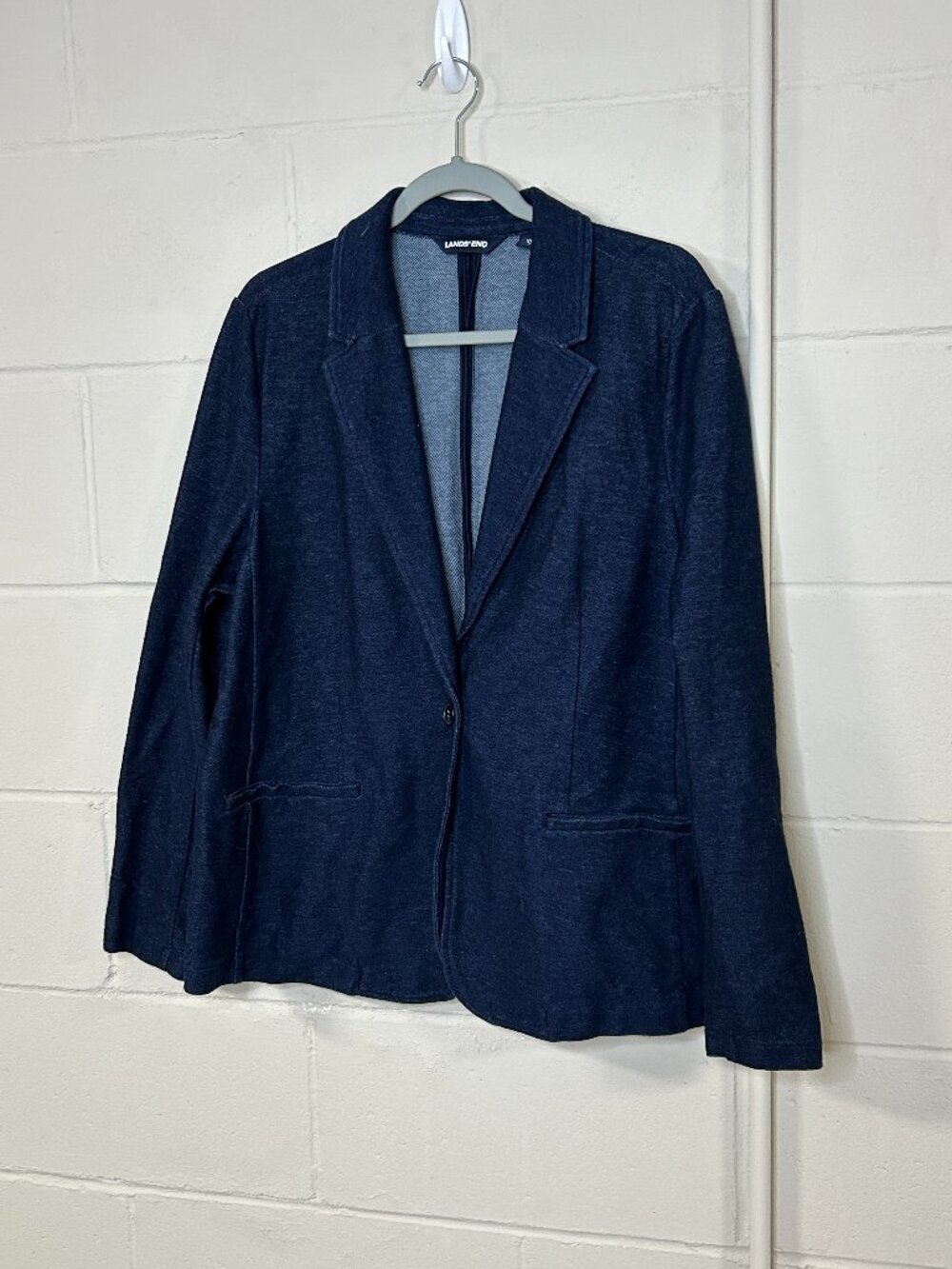 Lands End Blazer Womens Extra Large One Button Faux Denim Stretchy Unlined